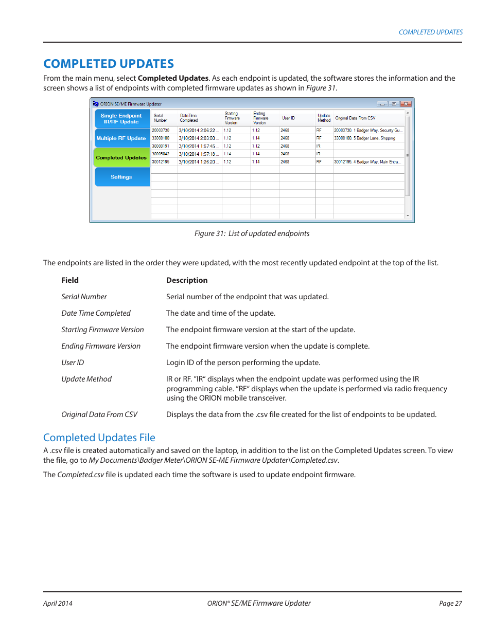 Completed updates, Completed updates file, Tion, see | Badger Meter ORION AMR/AMI Hardware Solutions for Gas Utilities User Manual | Page 27 / 48