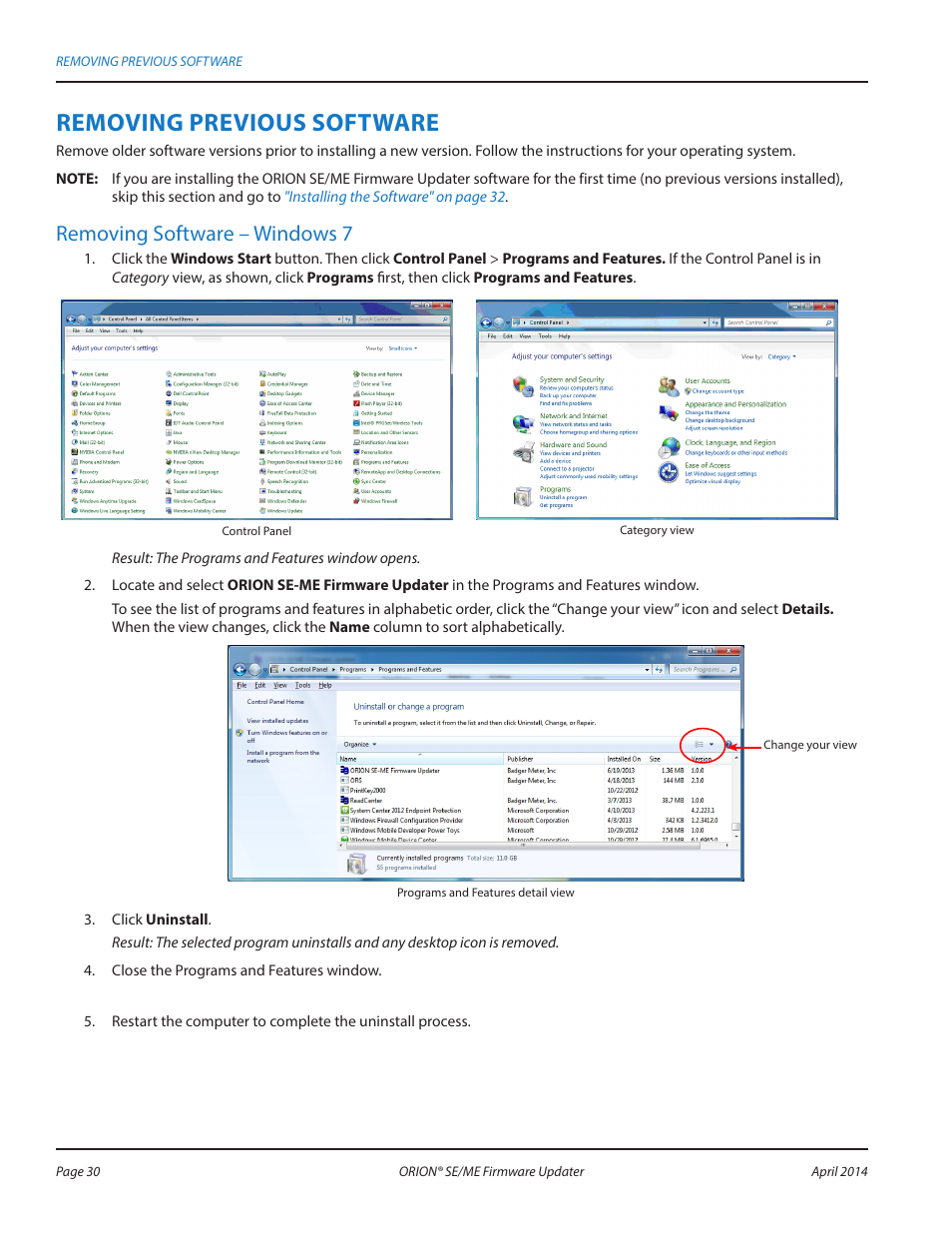 Removing previous software, Removing software – windows 7 | Badger Meter ORION AMR/AMI Hardware Solutions for Gas Utilities User Manual | Page 30 / 48