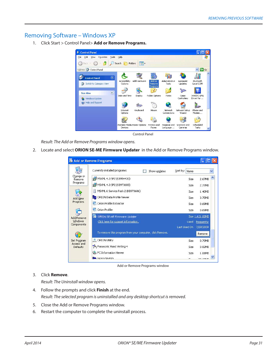 Removing software – windows xp | Badger Meter ORION AMR/AMI Hardware Solutions for Gas Utilities User Manual | Page 31 / 48