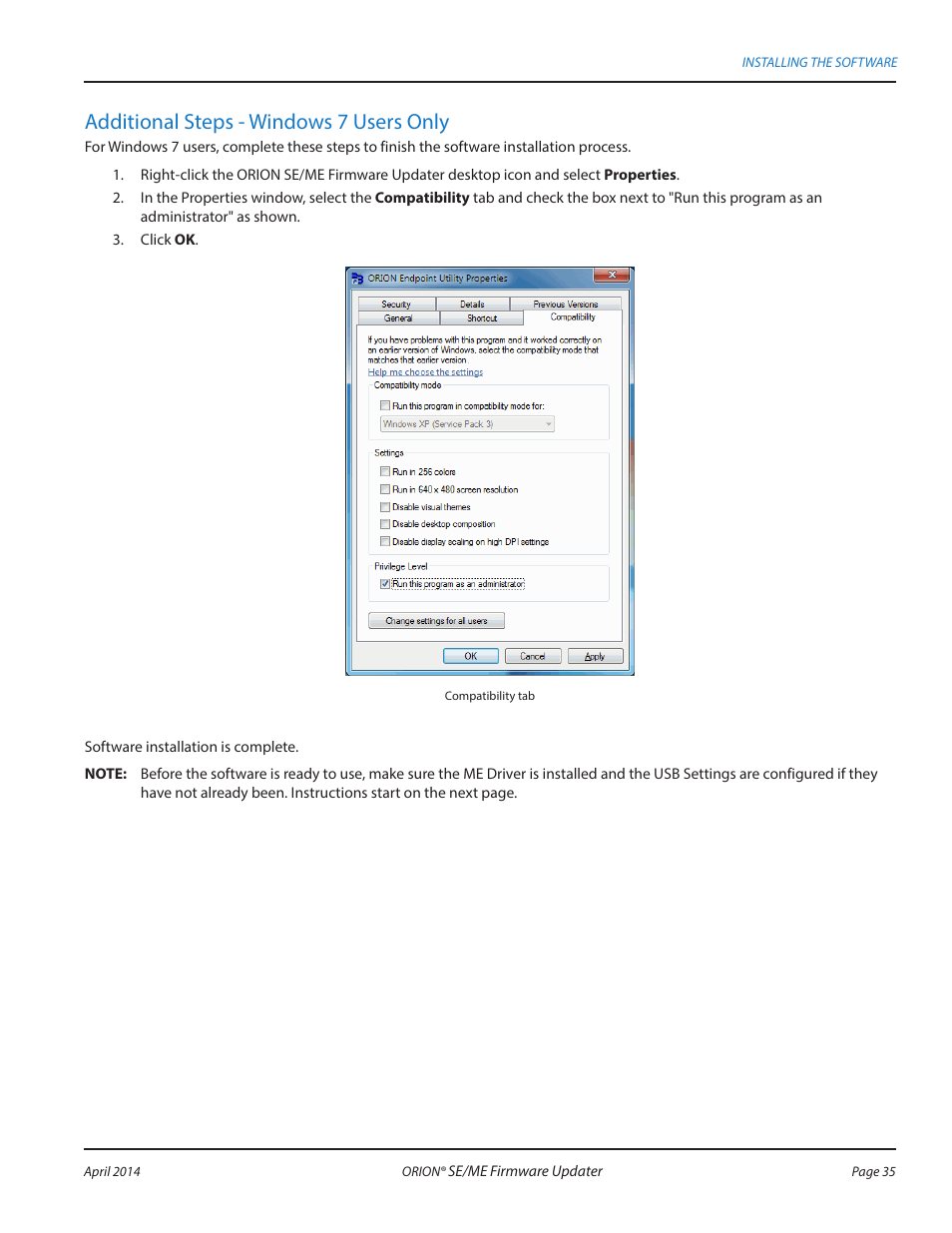 Additional steps - windows 7 users only | Badger Meter ORION AMR/AMI Hardware Solutions for Gas Utilities User Manual | Page 35 / 48