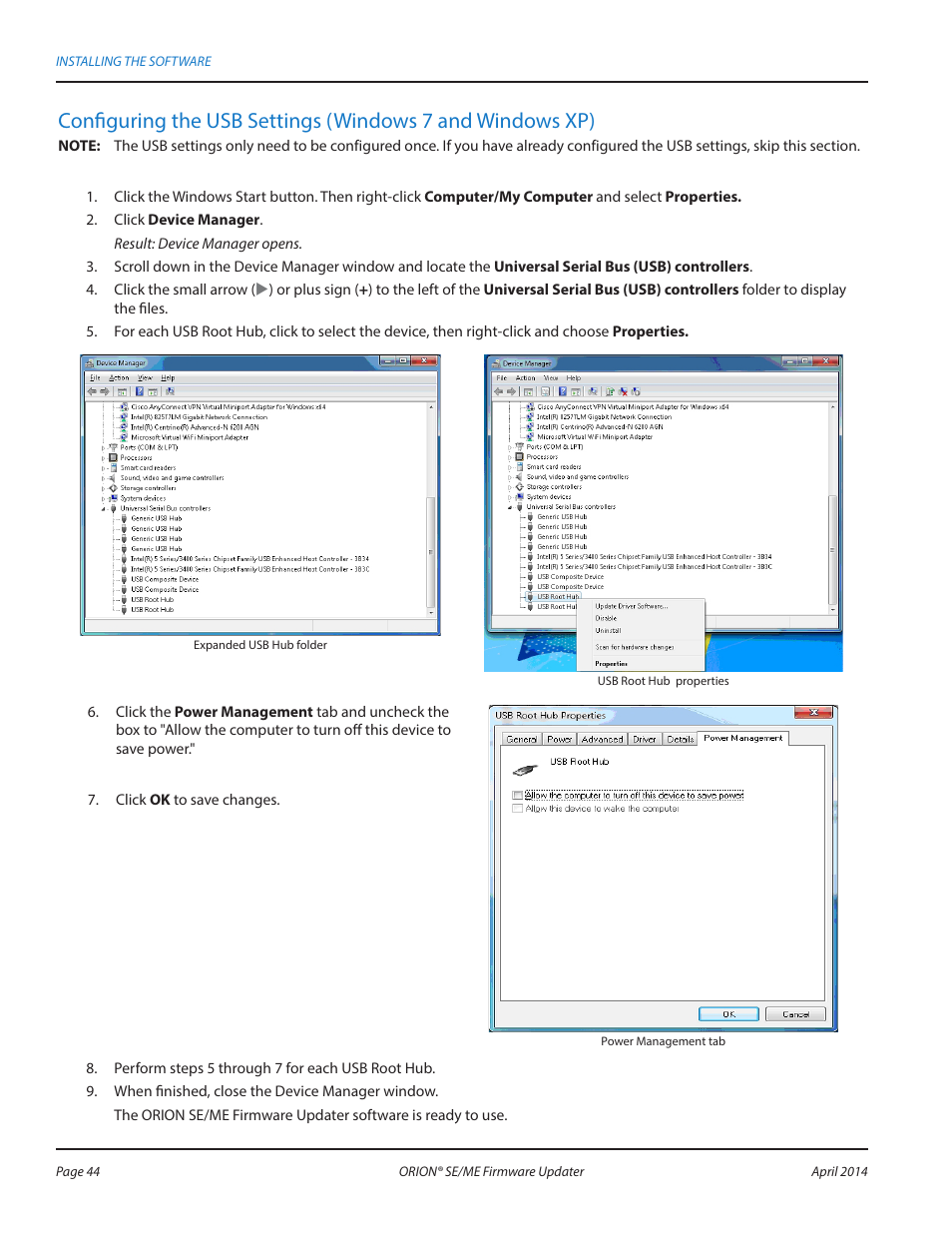 Configuring the usb settings (windows 7 and | Badger Meter ORION AMR/AMI Hardware Solutions for Gas Utilities User Manual | Page 44 / 48