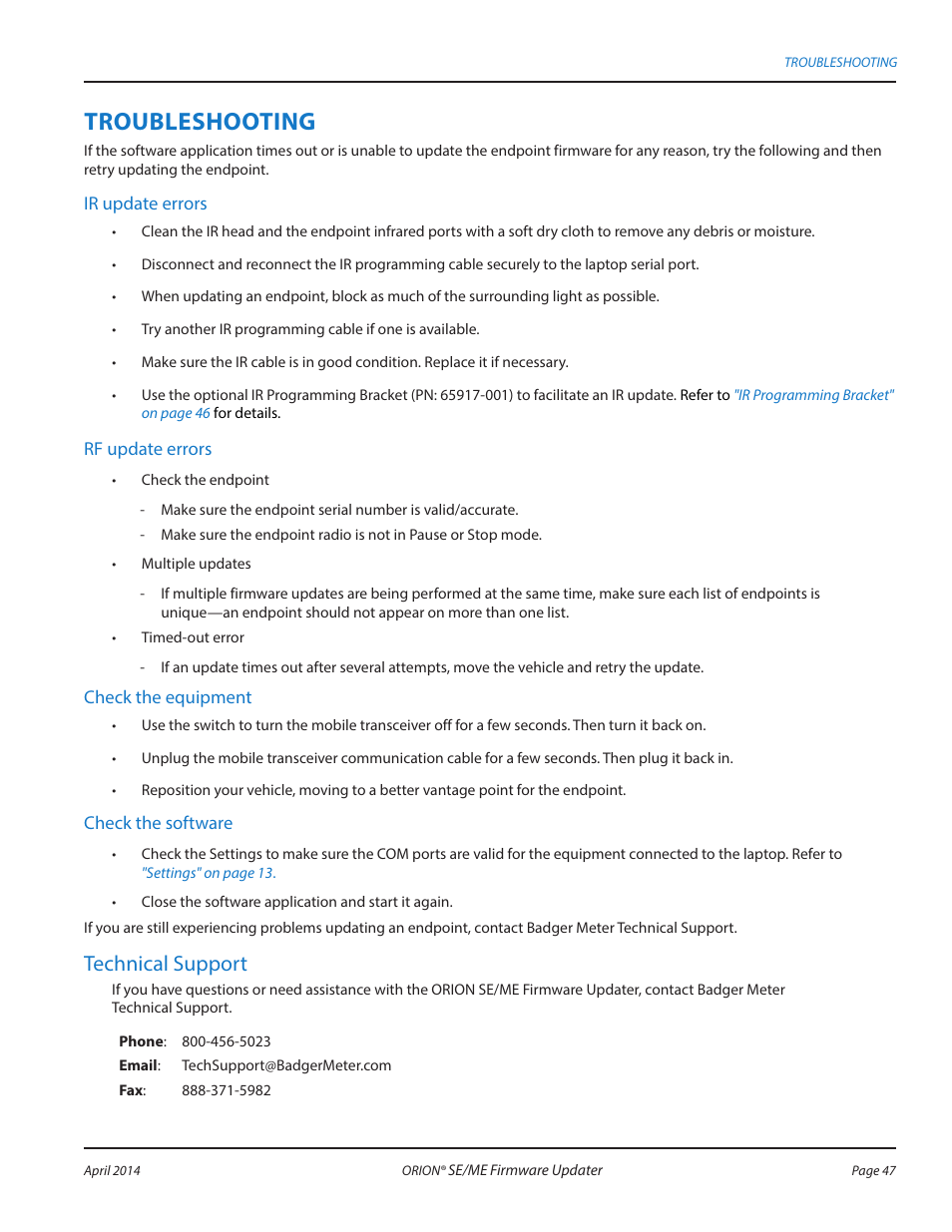 Troubleshooting, Technical support | Badger Meter ORION AMR/AMI Hardware Solutions for Gas Utilities User Manual | Page 47 / 48