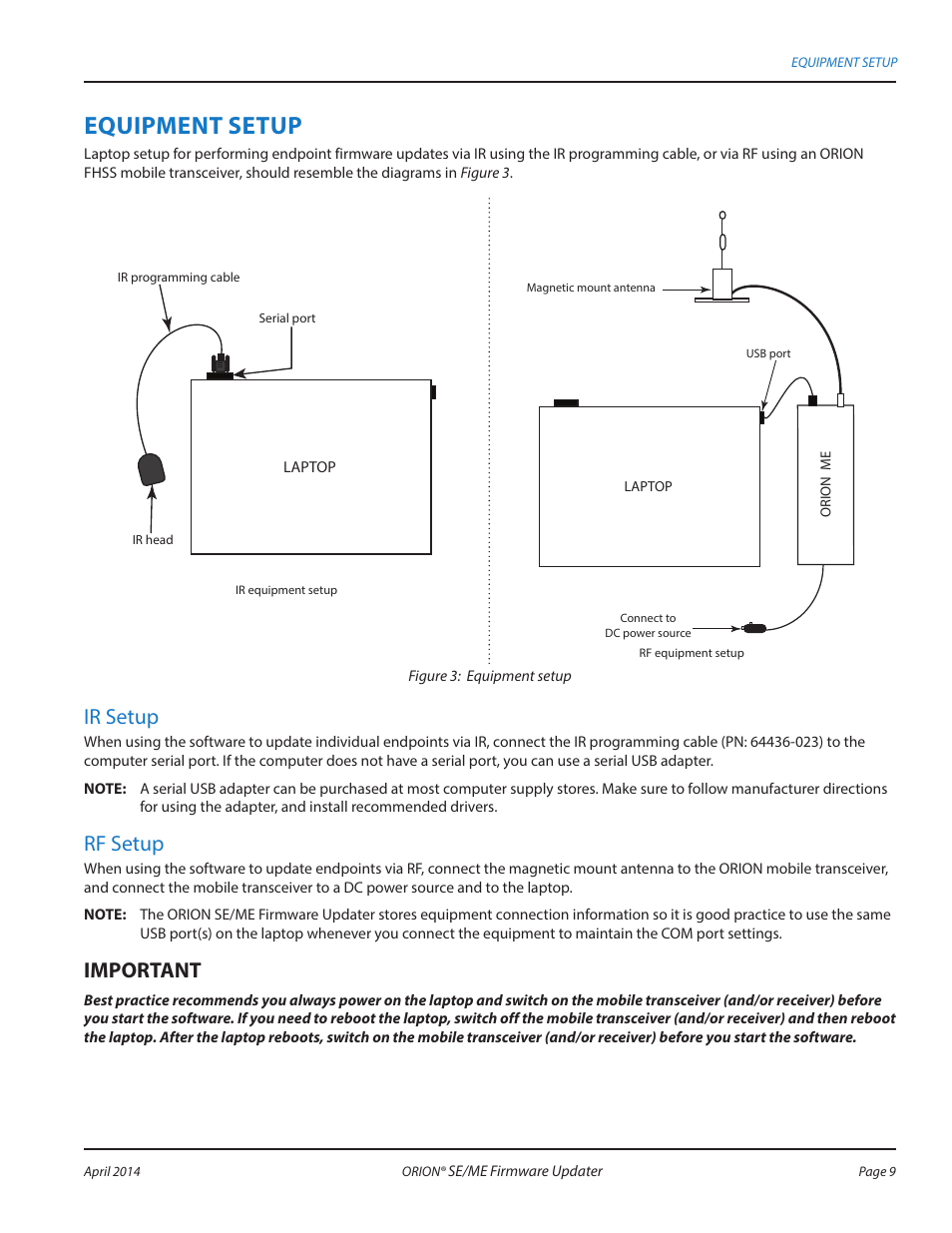 Equipment setup, Ir setup, Rf setup | Mportant i | Badger Meter ORION AMR/AMI Hardware Solutions for Gas Utilities User Manual | Page 9 / 48