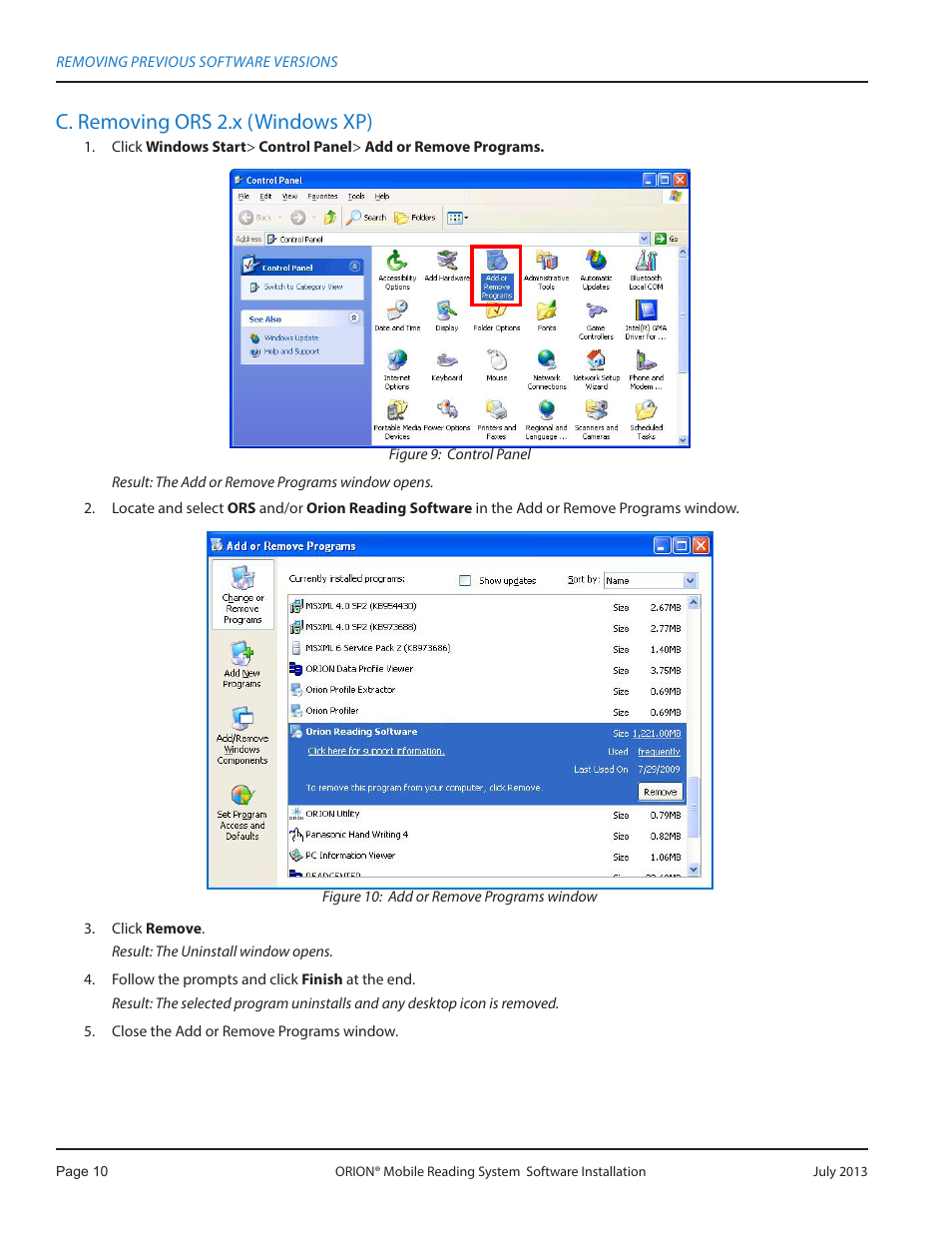 C. removing ors 2.x (windows xp), C removing ors 2 x (windows xp) | Badger Meter ORION AMR/AMI Hardware Solutions for Gas Utilities User Manual | Page 10 / 32