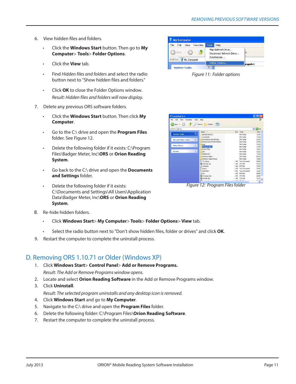 D. removing ors 1.10.71 or older (windows xp), D removing ors 1 10 71 or older (windows xp) | Badger Meter ORION AMR/AMI Hardware Solutions for Gas Utilities User Manual | Page 11 / 32