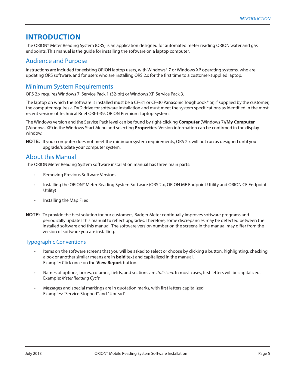 Introduction, Minimum system requirements, About this manual | Audience and purpose | Badger Meter ORION AMR/AMI Hardware Solutions for Gas Utilities User Manual | Page 5 / 32