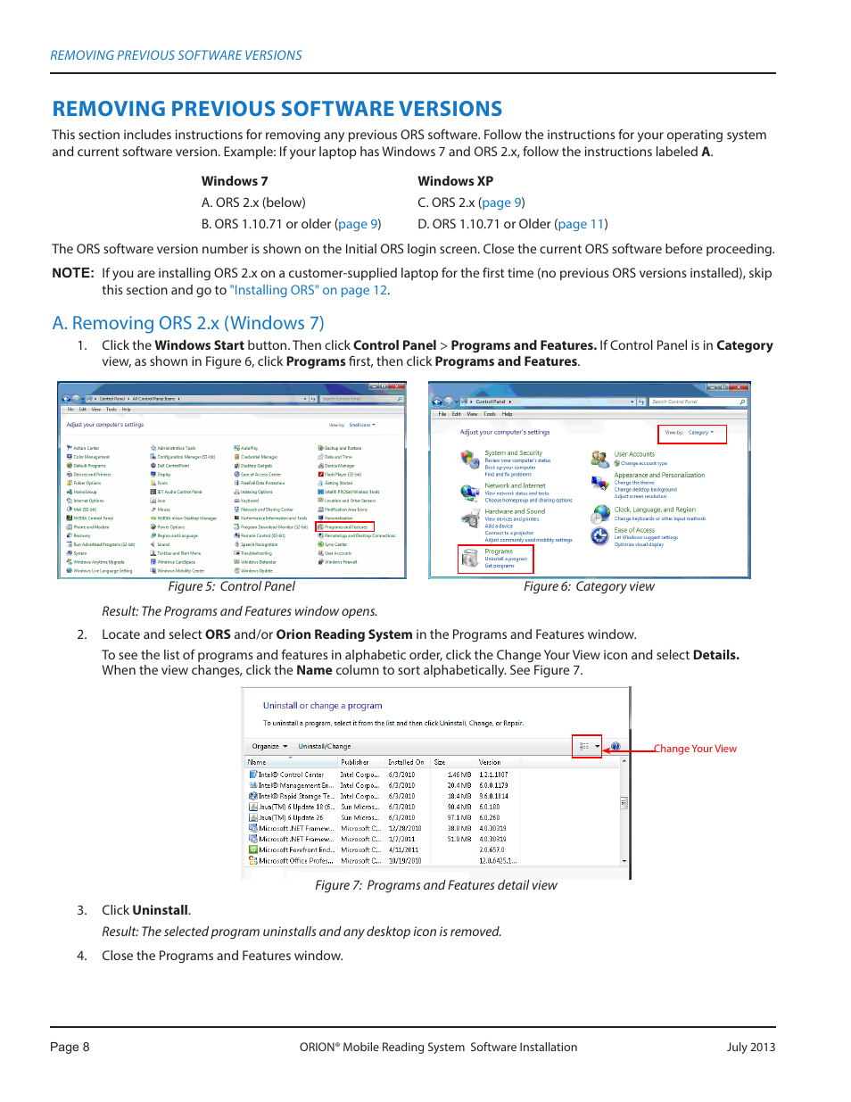 Removing previous software versions, A. removing ors 2.x (windows 7), A removing ors 2 x (windows 7) | Badger Meter ORION AMR/AMI Hardware Solutions for Gas Utilities User Manual | Page 8 / 32