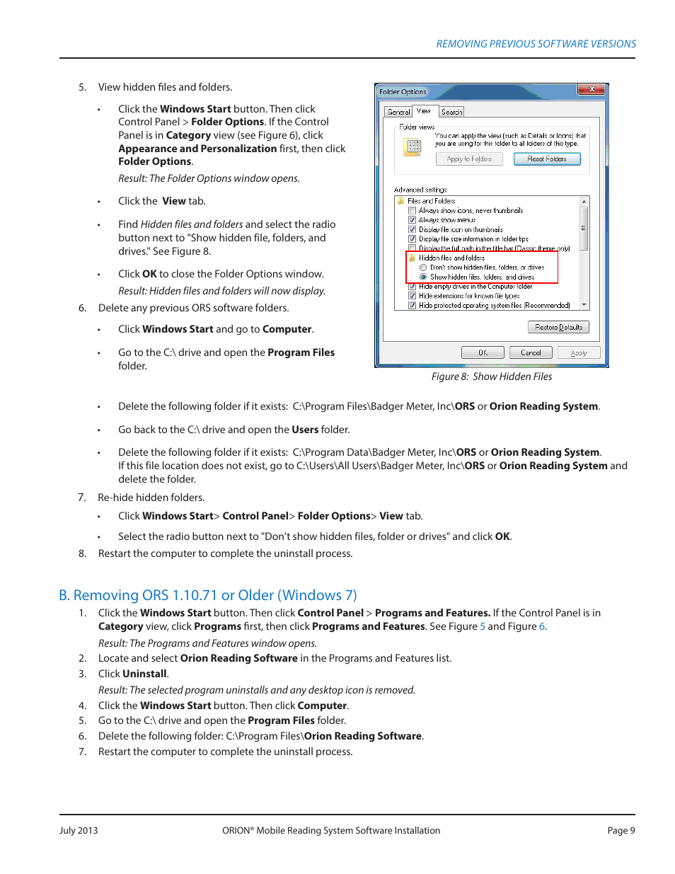 B. removing ors 1.10.71 or older (windows 7), B removing ors 1 10 71 or older (windows 7), 71 or older | Badger Meter ORION AMR/AMI Hardware Solutions for Gas Utilities User Manual | Page 9 / 32