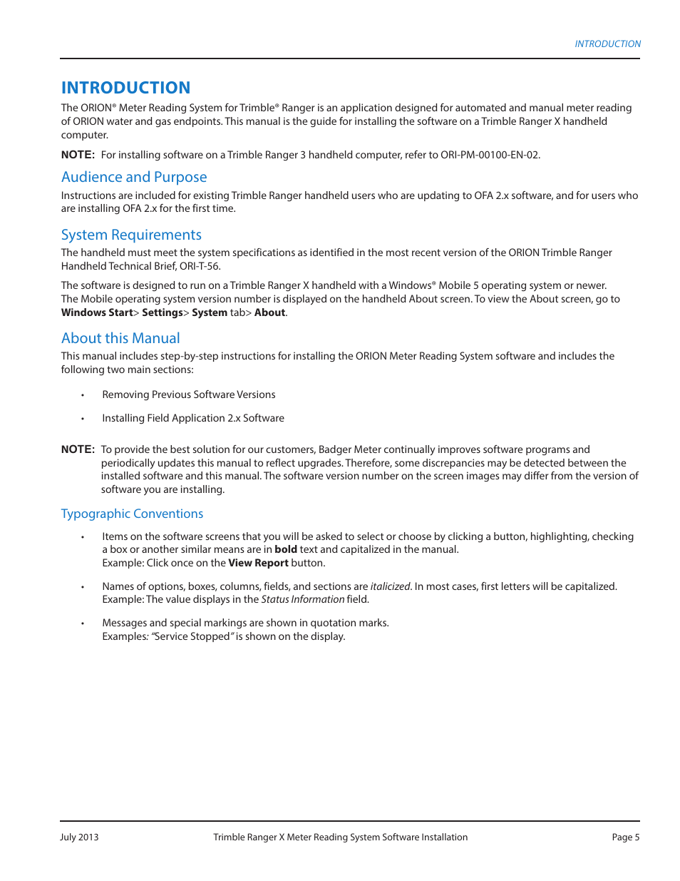 Introduction, Audience and purpose, System requirements | About this manual | Badger Meter ORION AMR/AMI Hardware Solutions for Gas Utilities User Manual | Page 5 / 20