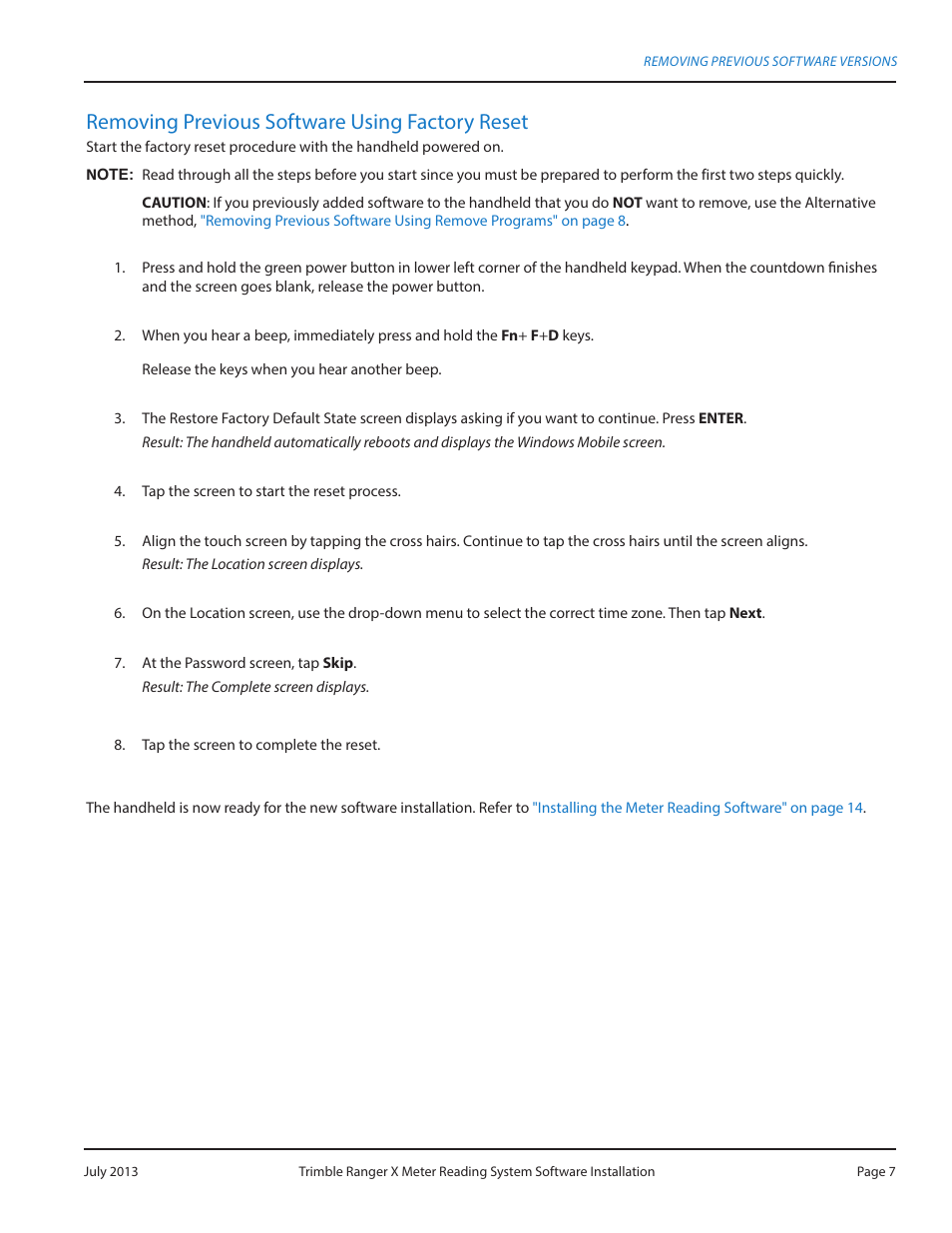 Removing previous software using factory reset | Badger Meter ORION AMR/AMI Hardware Solutions for Gas Utilities User Manual | Page 7 / 20