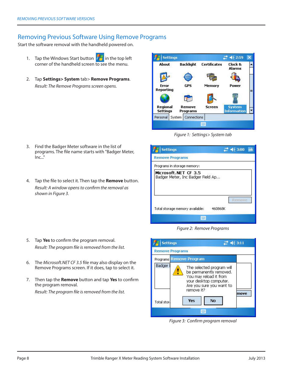 Removing previous software using remove programs | Badger Meter ORION AMR/AMI Hardware Solutions for Gas Utilities User Manual | Page 8 / 20