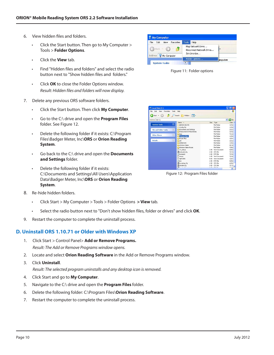 D. uninstall ors 1.10.71 or older with windows xp, Ors 1.10.71 or older | Badger Meter ORION Classic (CE) User Manual | Page 10 / 32