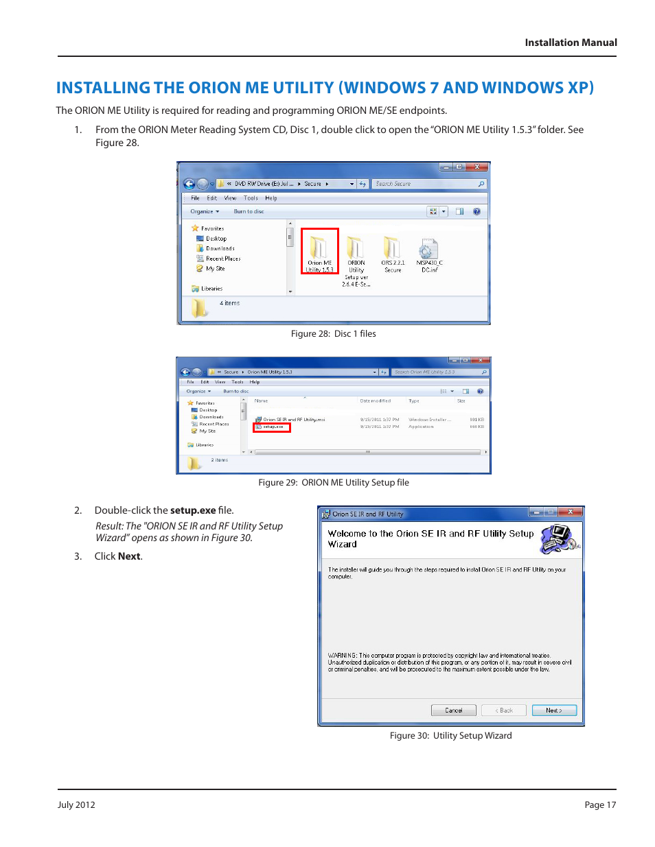 O "installing the orion me, Utility (windows 7 and windows xp)" on | Badger Meter ORION Classic (CE) User Manual | Page 17 / 32