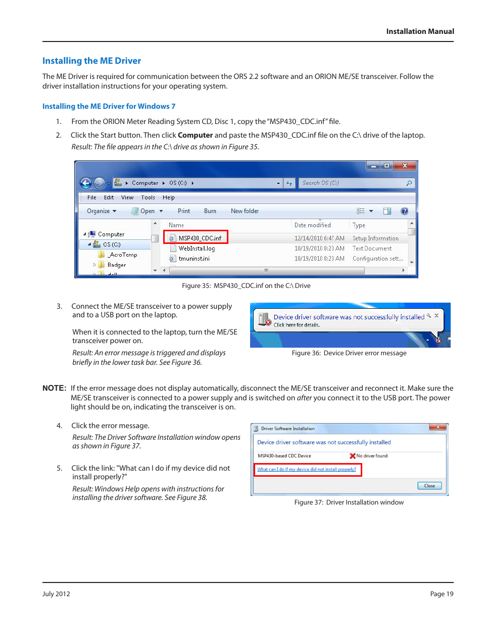 Installing the me driver for windows 7 | Badger Meter ORION Classic (CE) User Manual | Page 19 / 32