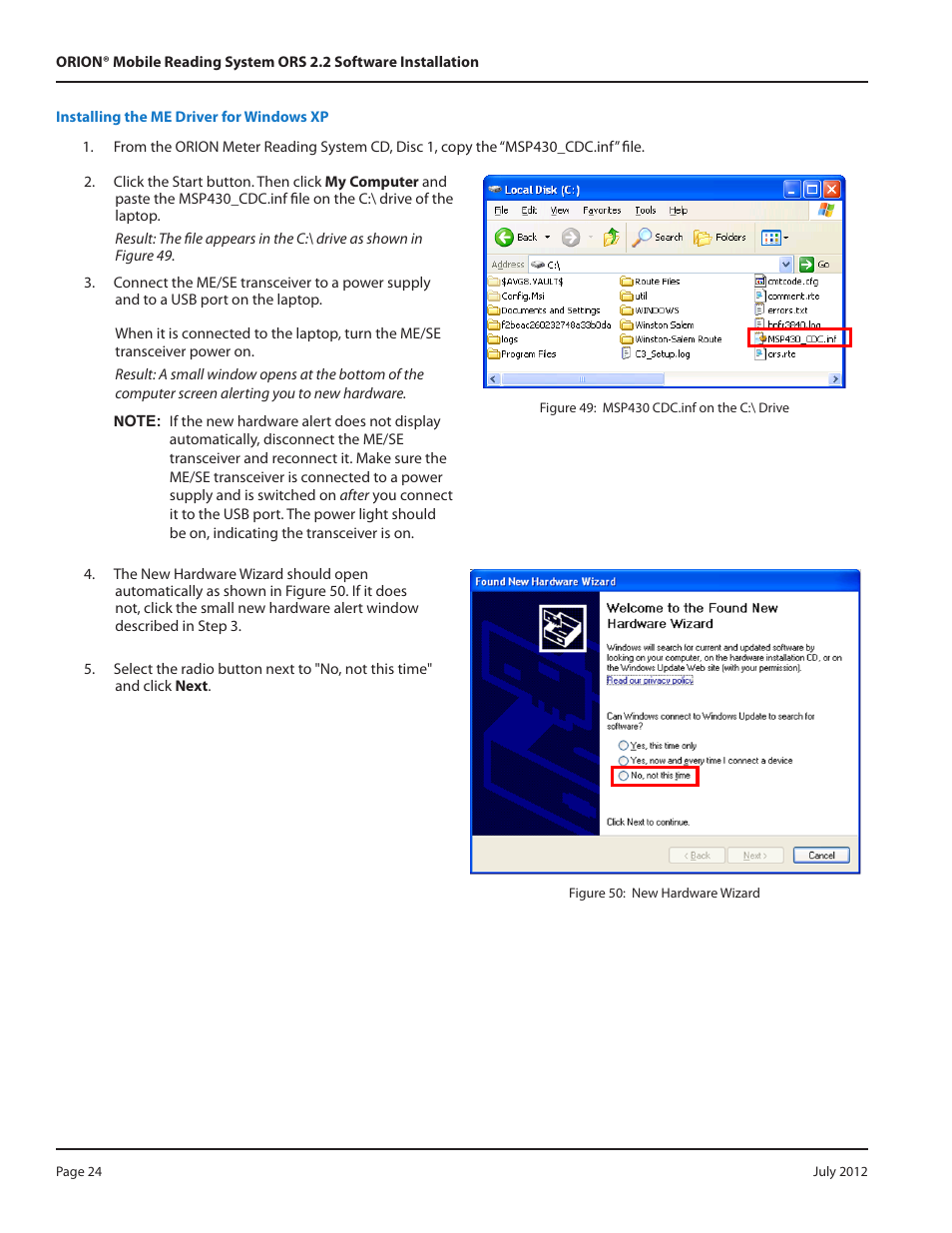 Installing the me driver for windows xp | Badger Meter ORION Classic (CE) User Manual | Page 24 / 32