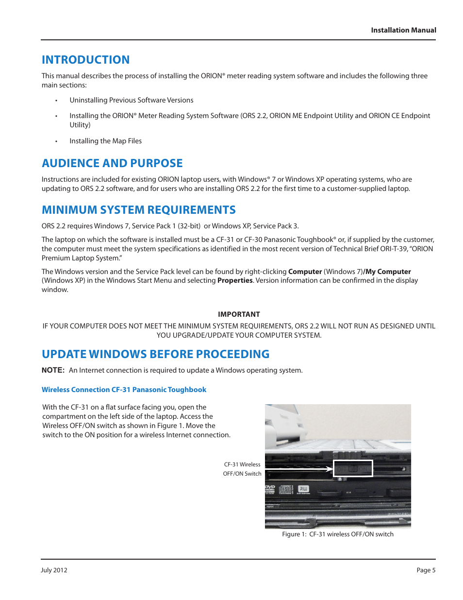 Introduction, Audience and purpose, Minimum system requirements | Update windows before proceeding | Badger Meter ORION Classic (CE) User Manual | Page 5 / 32