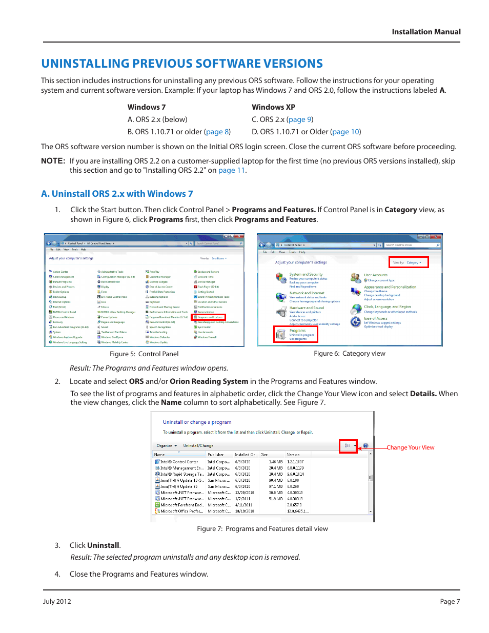 Uninstalling previous software versions, A. uninstall ors 2.x with windows 7 | Badger Meter ORION Classic (CE) User Manual | Page 7 / 32