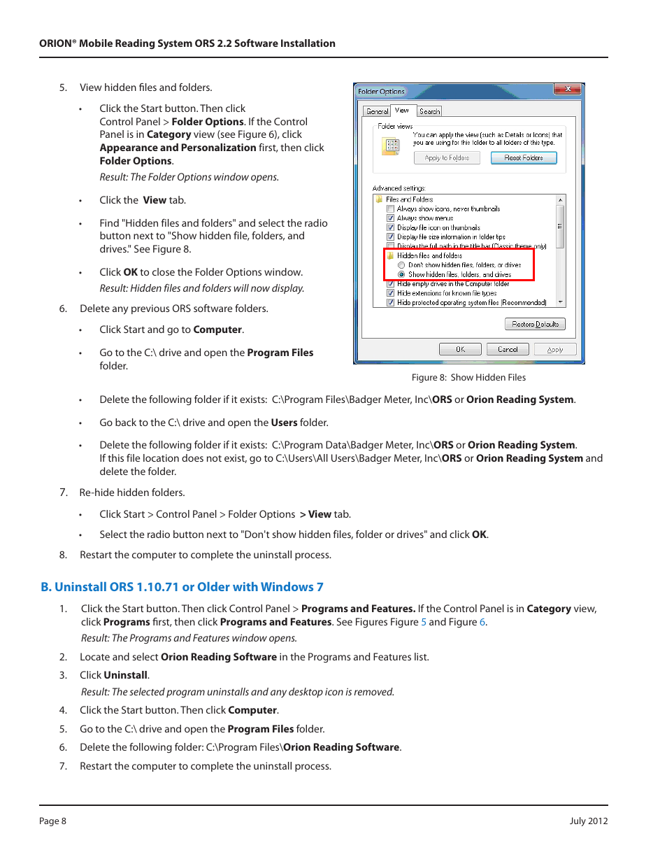 B. uninstall ors 1.10.71 or older with windows 7, Ors 1.10.71 or older | Badger Meter ORION Classic (CE) User Manual | Page 8 / 32