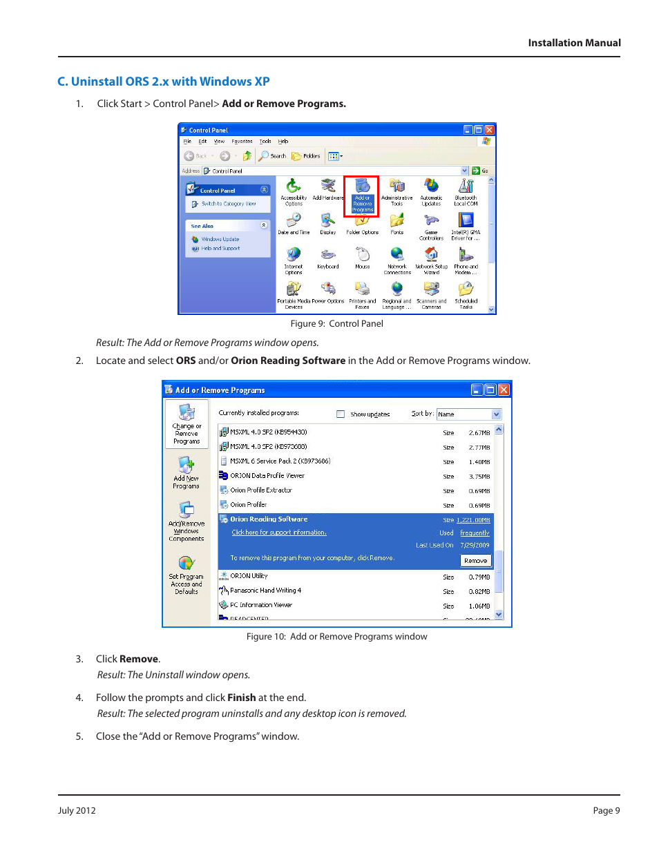 C. uninstall ors 2.x with windows xp, C. ors 2.x | Badger Meter ORION Classic (CE) User Manual | Page 9 / 32