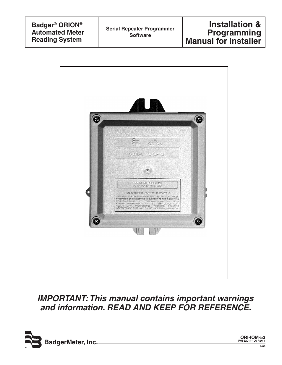 Badger Meter ORION Classic (CE) User Manual | 20 pages