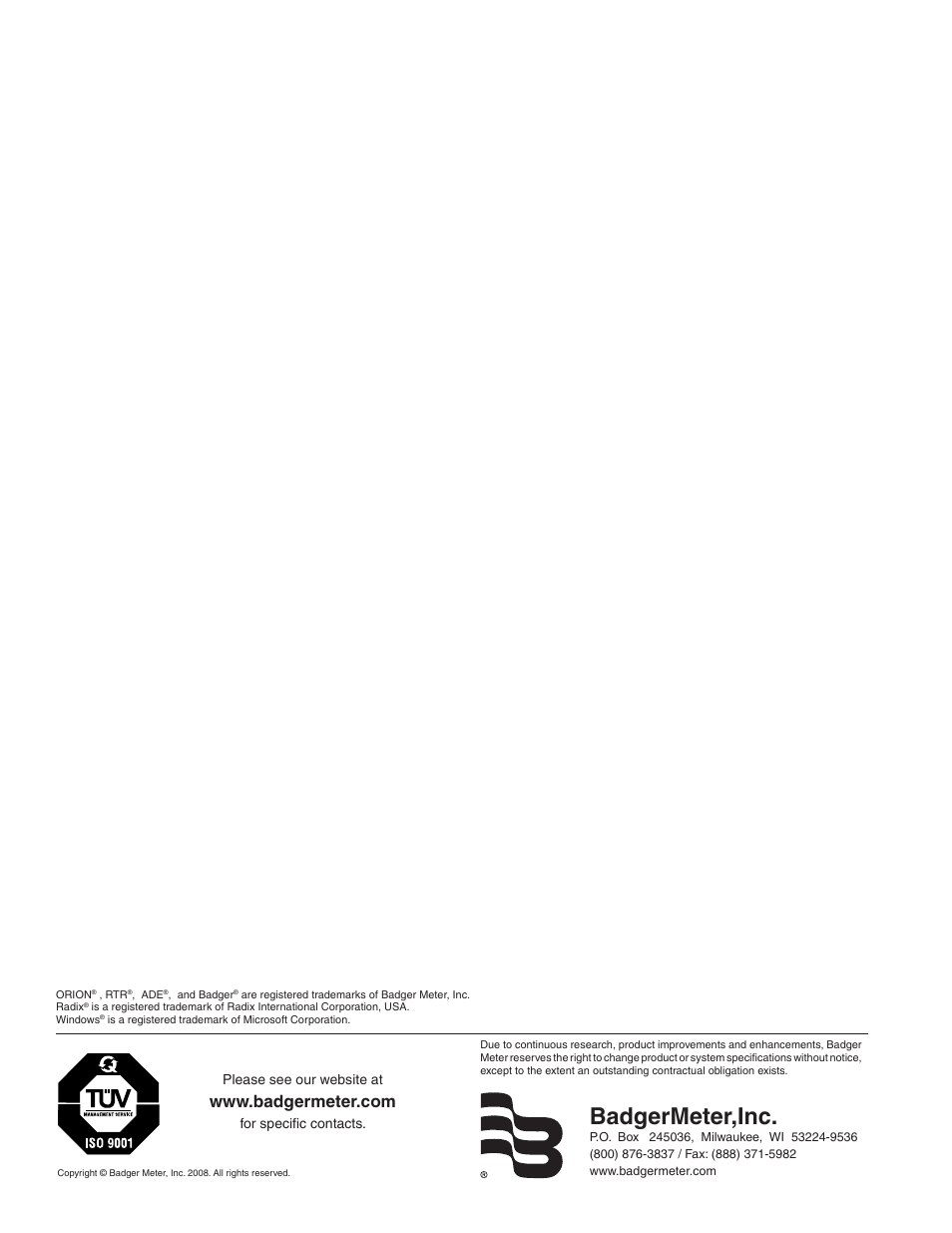 Badgermeter,inc, Please see our website at, For specific contacts | Badger Meter ORION Classic (CE) User Manual | Page 20 / 20
