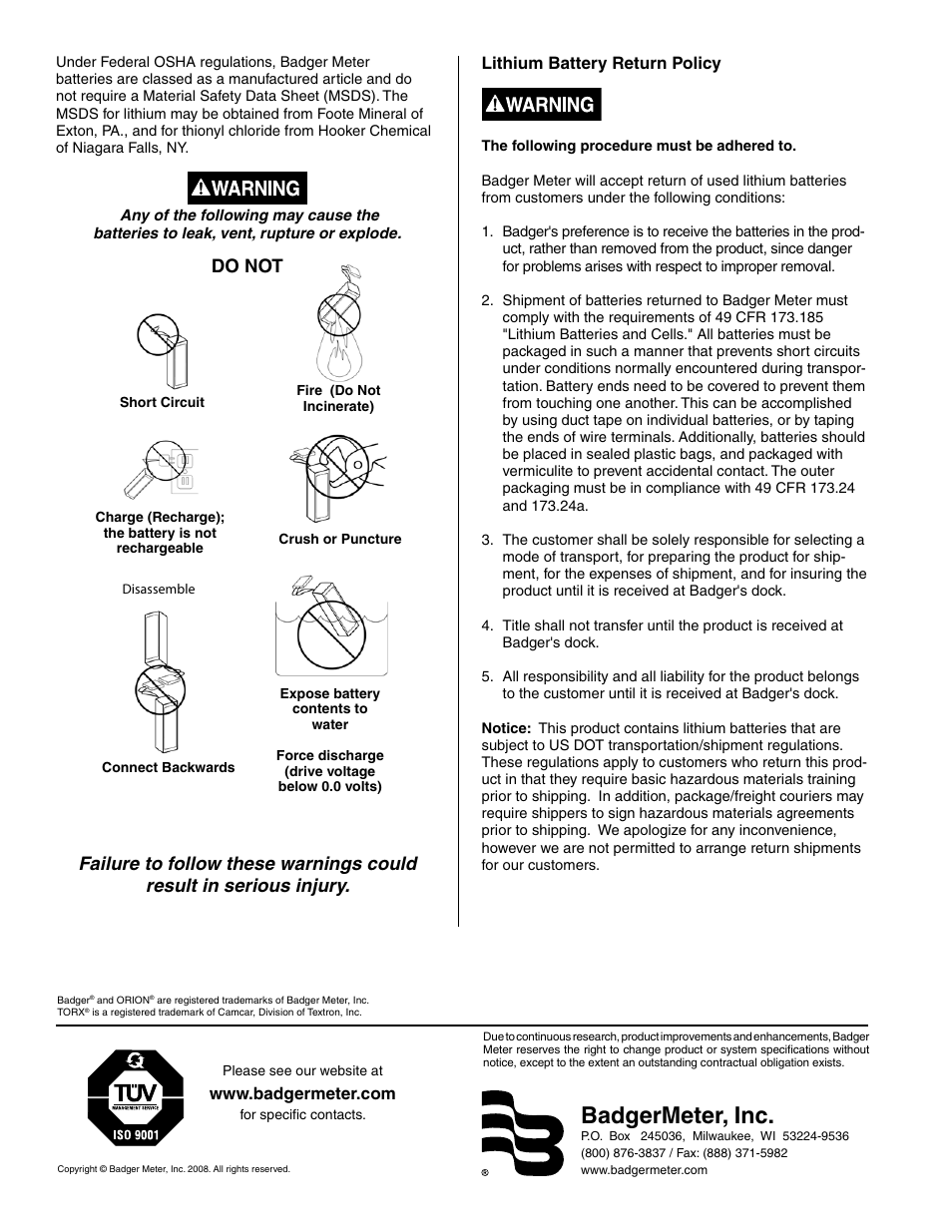 Badgermeter, inc, Lithium battery return policy | Badger Meter ORION AMR/AMI Hardware Solutions for Gas Utilities User Manual | Page 2 / 2