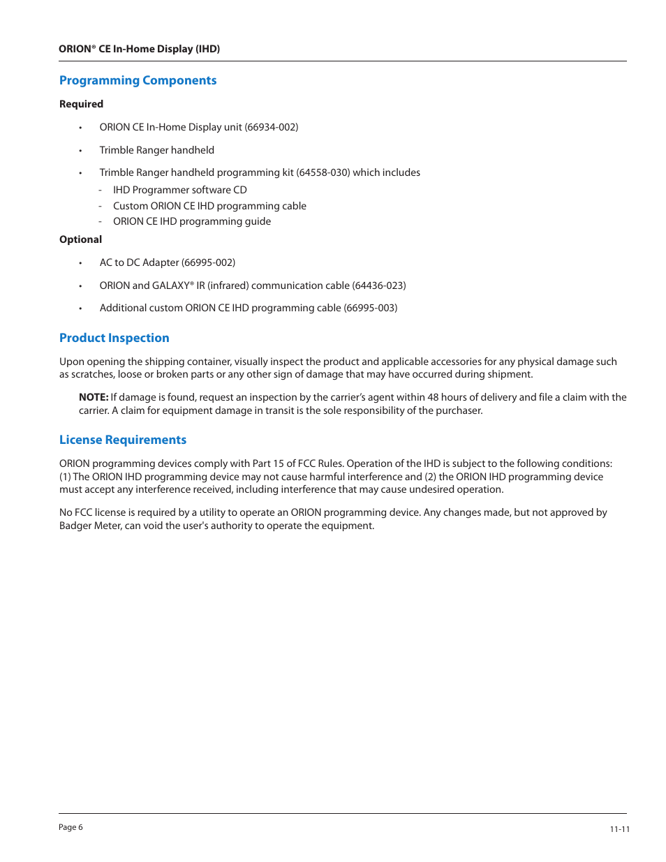 Programming components, Product inspection, License requirements | Badger Meter ORION Classic (CE) User Manual | Page 6 / 28