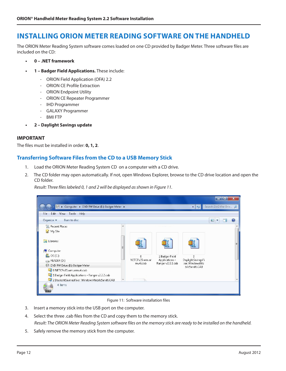 Installing orion meter reading software for the, Trimble ranger" on | Badger Meter ORION Classic (CE) User Manual | Page 12 / 20