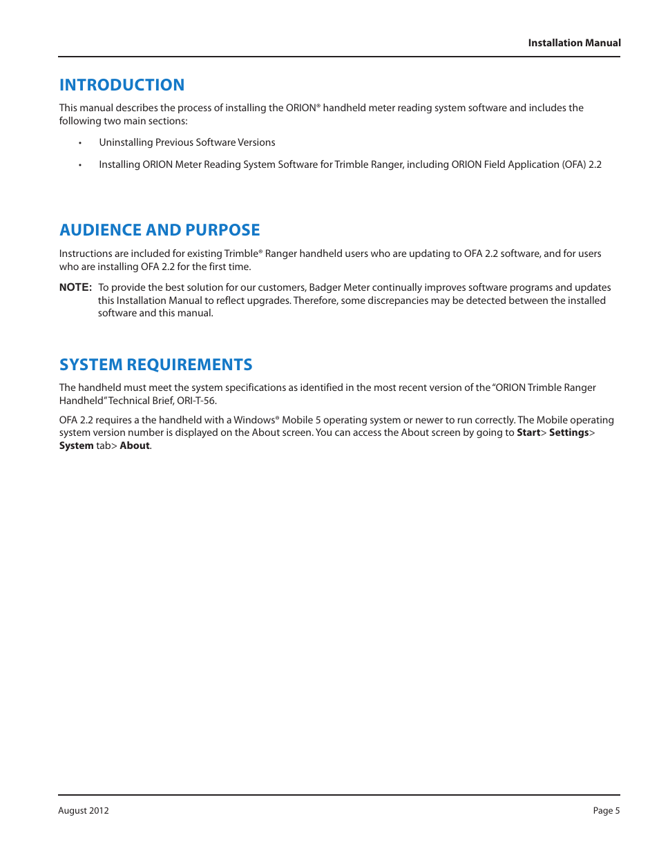 Introduction, Audience and purpose, System requirements | Badger Meter ORION Classic (CE) User Manual | Page 5 / 20