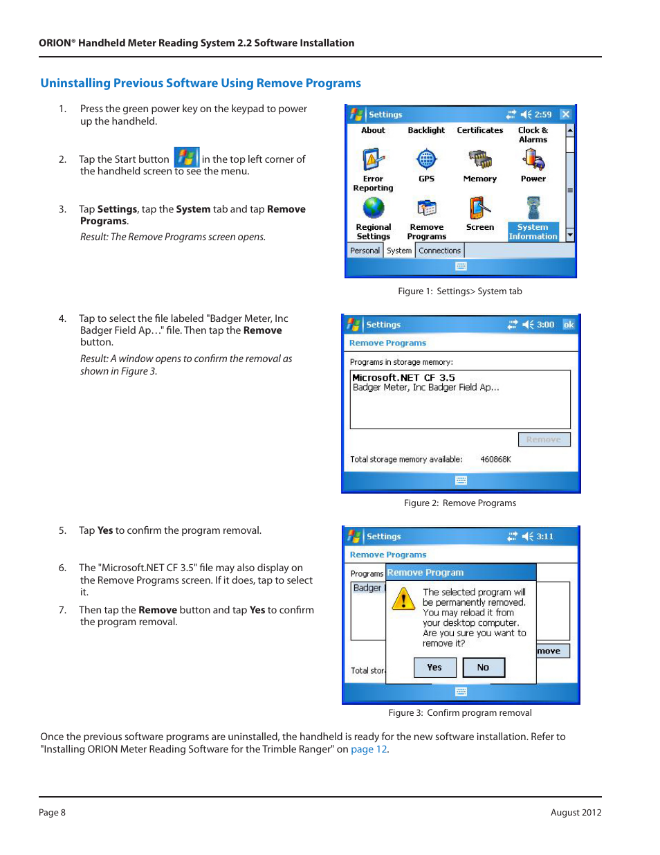 O "uninstalling previous software using remove, Programs" on | Badger Meter ORION Classic (CE) User Manual | Page 8 / 20