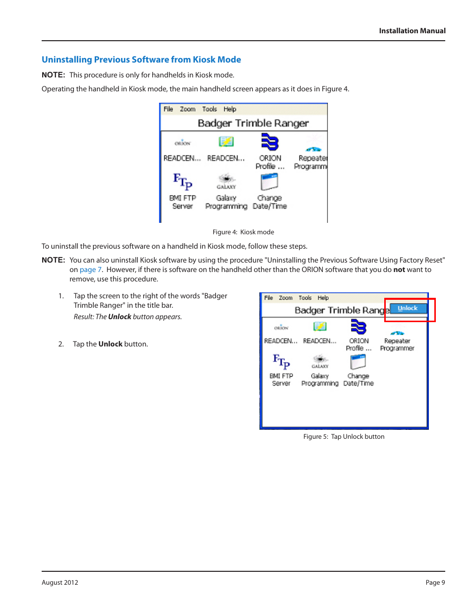 Uninstalling previous software from kiosk mode, Tions "uninstalling, Previous software from kiosk mode" on | Badger Meter ORION Classic (CE) User Manual | Page 9 / 20