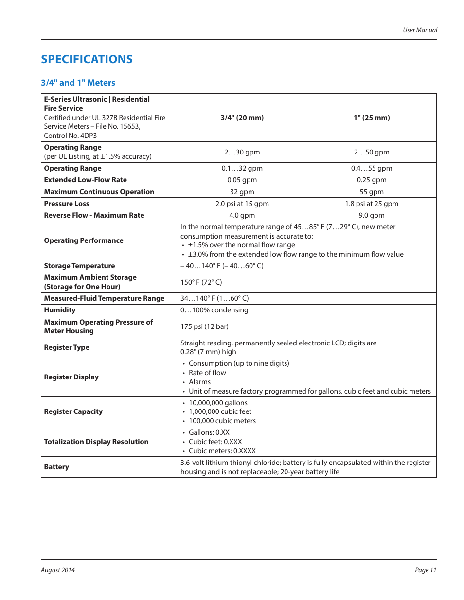 Specifications, 3/4" and 1" meters, Specifications 11 | 3/4" and 1" meters 11 | Badger Meter E-Series Ultrasonic Meters User Manual | Page 11 / 12
