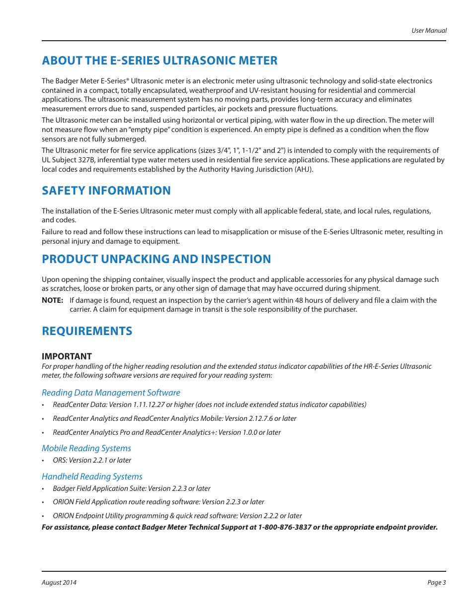About the e-series ultrasonic meter, Safety information, Product unpacking and inspection | Requirements, Reading data management software, Mobile reading systems, Handheld reading systems, About the e-series ultrasonic meter 3, Safety information 3, Product unpacking and inspection 3 | Badger Meter E-Series Ultrasonic Meters User Manual | Page 3 / 12