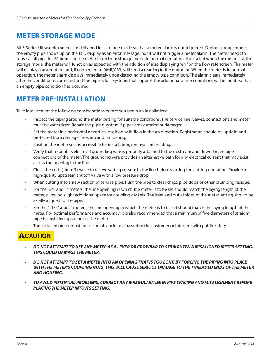 Meter storage mode, Meter pre-installation, Meter storage mode 4 | Meter pre-installation 4 | Badger Meter E-Series Ultrasonic Meters User Manual | Page 4 / 12