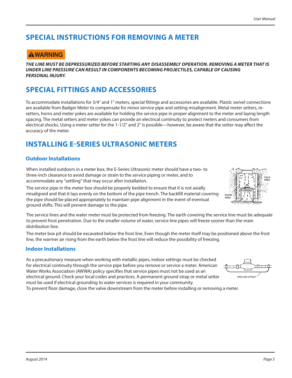 Special instructions for removing a meter, Special fittings and accessories, Installing e-series ultrasonic meters | Outdoor installations, Indoor installations, Special instructions for removing a meter 5, Special fittings and accessories 5, Installing e-series ultrasonic meters 5, Outdoor installations 5 indoor installations 5 | Badger Meter E-Series Ultrasonic Meters User Manual | Page 5 / 12