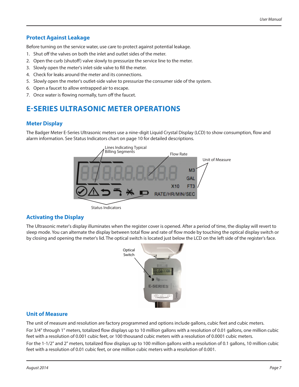 Protect against leakage, E-series ultrasonic meter operations, Meter display | Activating the display, Unit of measure, Protect against leakage 7, E-series ultrasonic meter operations 7 | Badger Meter E-Series Ultrasonic Meters User Manual | Page 7 / 12