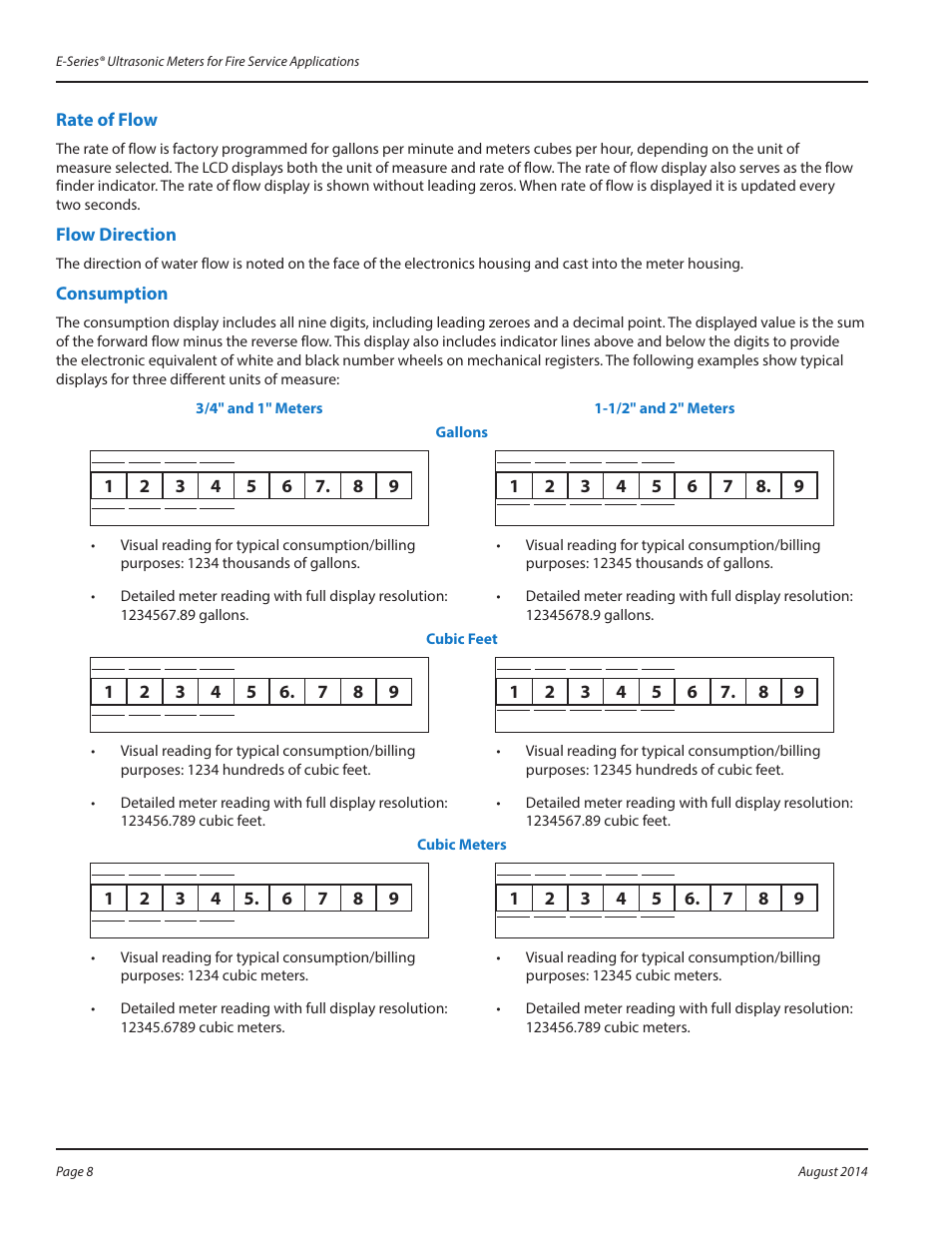 Rate of flow, Flow direction, Consumption | Rate of flow 8 flow direction 8 consumption 8 | Badger Meter E-Series Ultrasonic Meters User Manual | Page 8 / 12