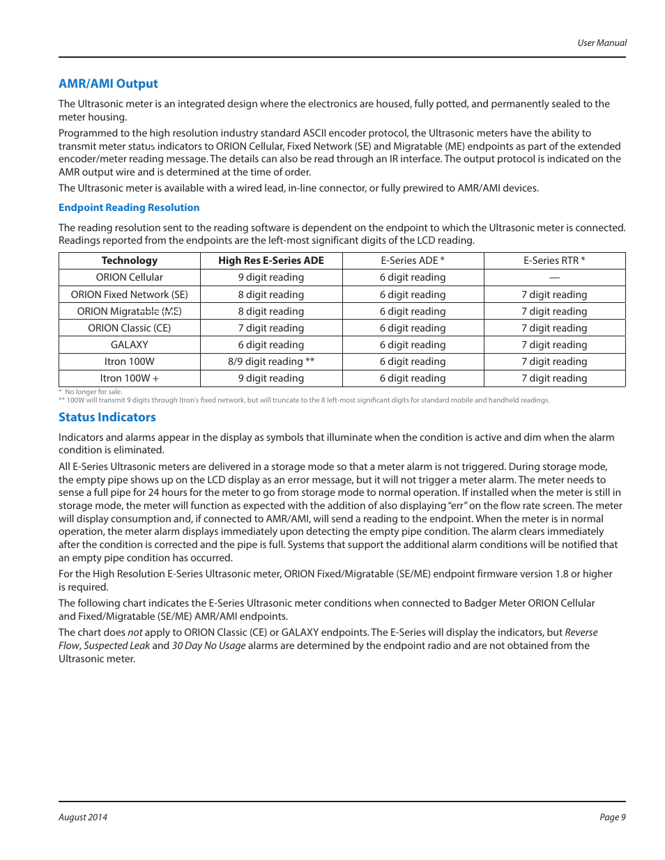 Amr/ami output, Status indicators, Amr/ami output 9 status indicators 9 | Badger Meter E-Series Ultrasonic Meters User Manual | Page 9 / 12