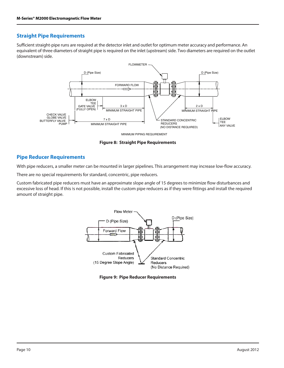 Straight pipe requirements, Pipe reducer requirements, Figure 8: straight pipe requirements | Badger Meter M-Series M2000 User Manual | Page 10 / 60