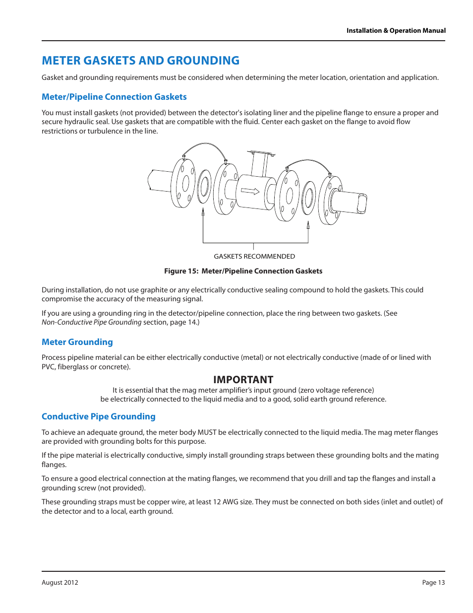 Meter gaskets and grounding, Meter/pipeline connection gaskets, Meter grounding | Conductive pipe grounding, Important | Badger Meter M-Series M2000 User Manual | Page 13 / 60