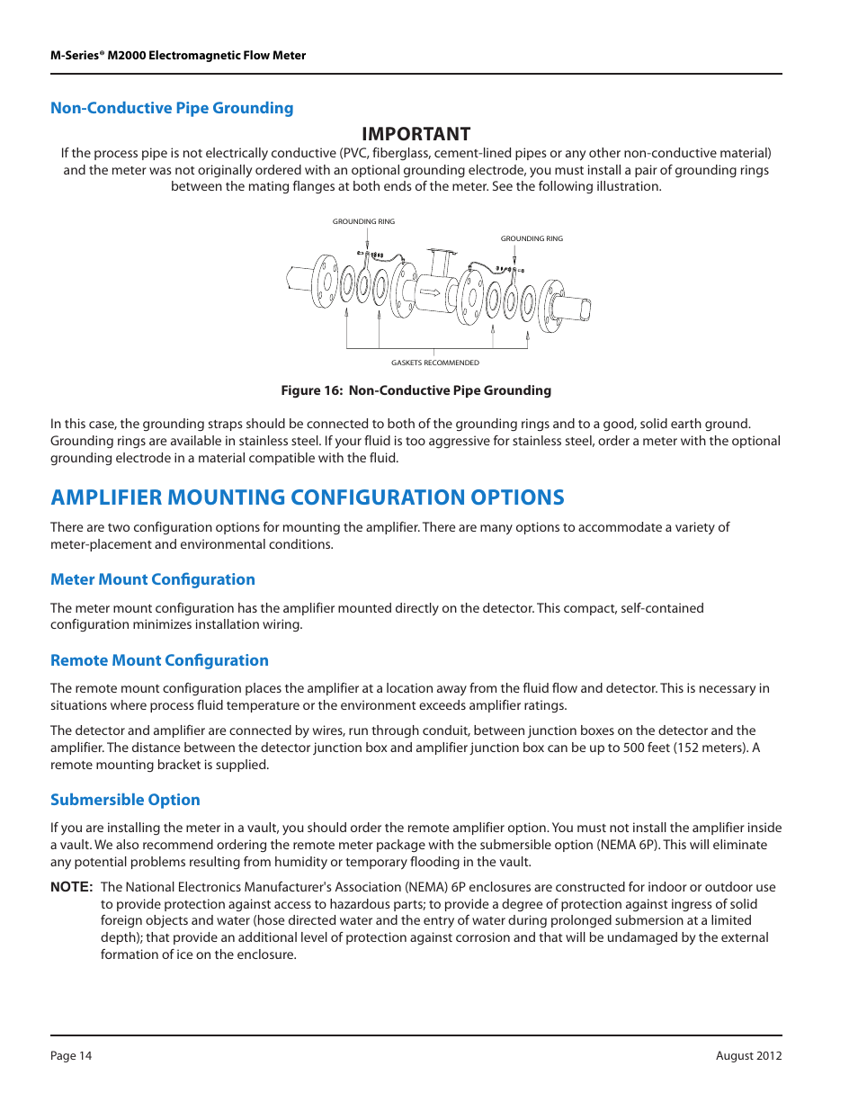 Non-conductive pipe grounding, Amplifier mounting configuration options, Meter mount configuration | Remote mount configuration, Submersible option, Important | Badger Meter M-Series M2000 User Manual | Page 14 / 60