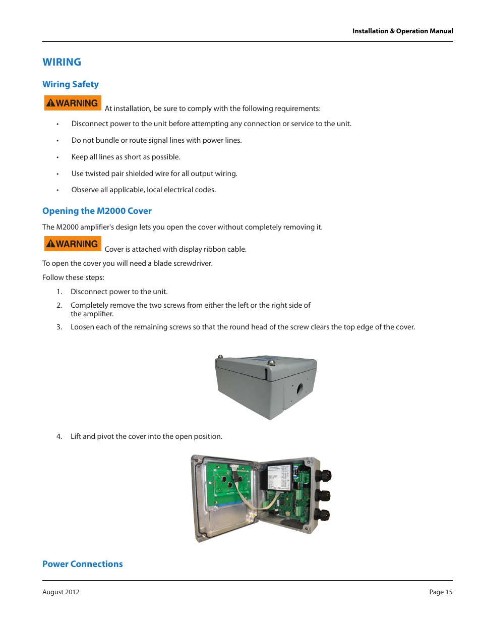 Wiring, Wiring safety, Opening the m2000 cover | Power connections | Badger Meter M-Series M2000 User Manual | Page 15 / 60