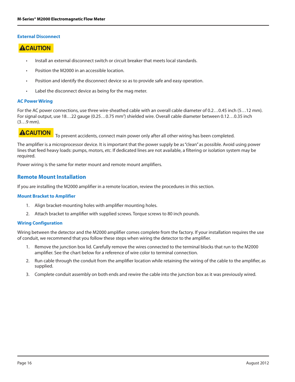 External disconnect, Ac power wiring, Remote mount installation | Mount bracket to amplifier, Wiring configuration | Badger Meter M-Series M2000 User Manual | Page 16 / 60