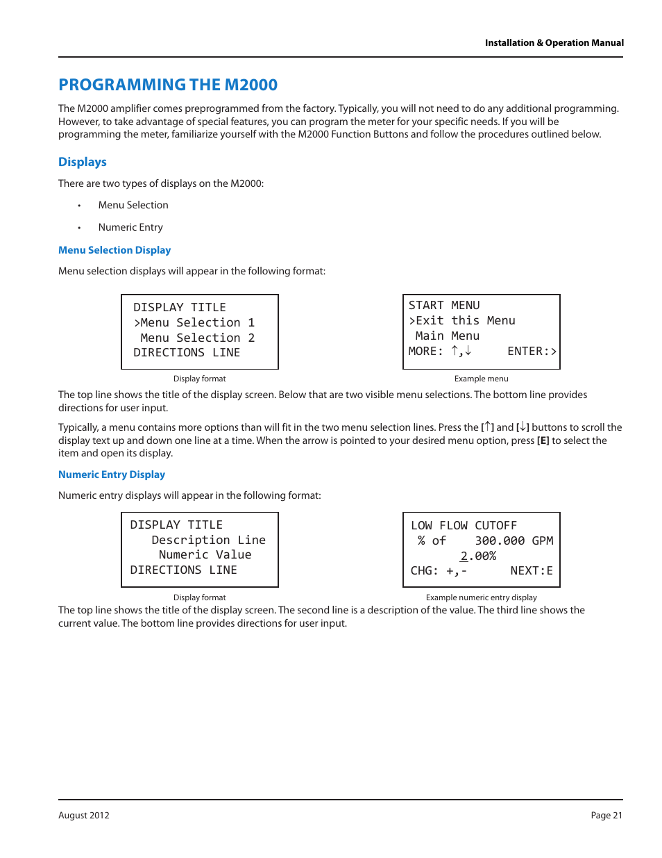 Programming the m2000, Displays, Menu selection display | Numeric entry display | Badger Meter M-Series M2000 User Manual | Page 21 / 60