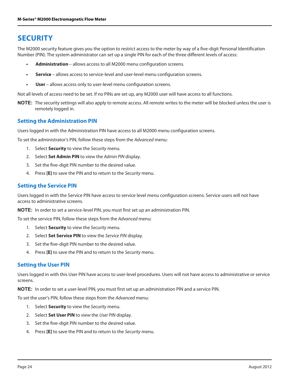 Security, Setting the administration pin, Setting the service pin | Setting the user pin | Badger Meter M-Series M2000 User Manual | Page 24 / 60