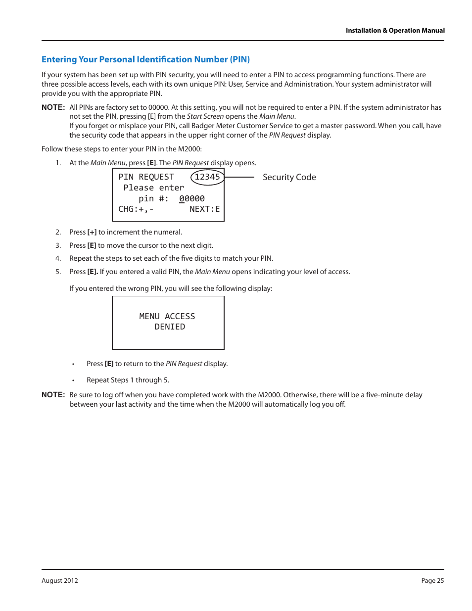 Entering your personal identification number (pin) | Badger Meter M-Series M2000 User Manual | Page 25 / 60