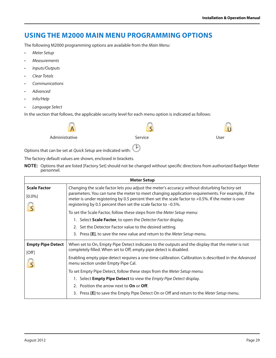 Using the m2000 main menu programming options, As u | Badger Meter M-Series M2000 User Manual | Page 29 / 60