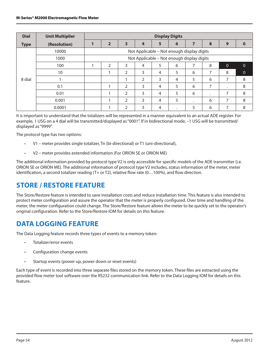 Store / restore feature, Data logging feature | Badger Meter M-Series M2000 User Manual | Page 54 / 60