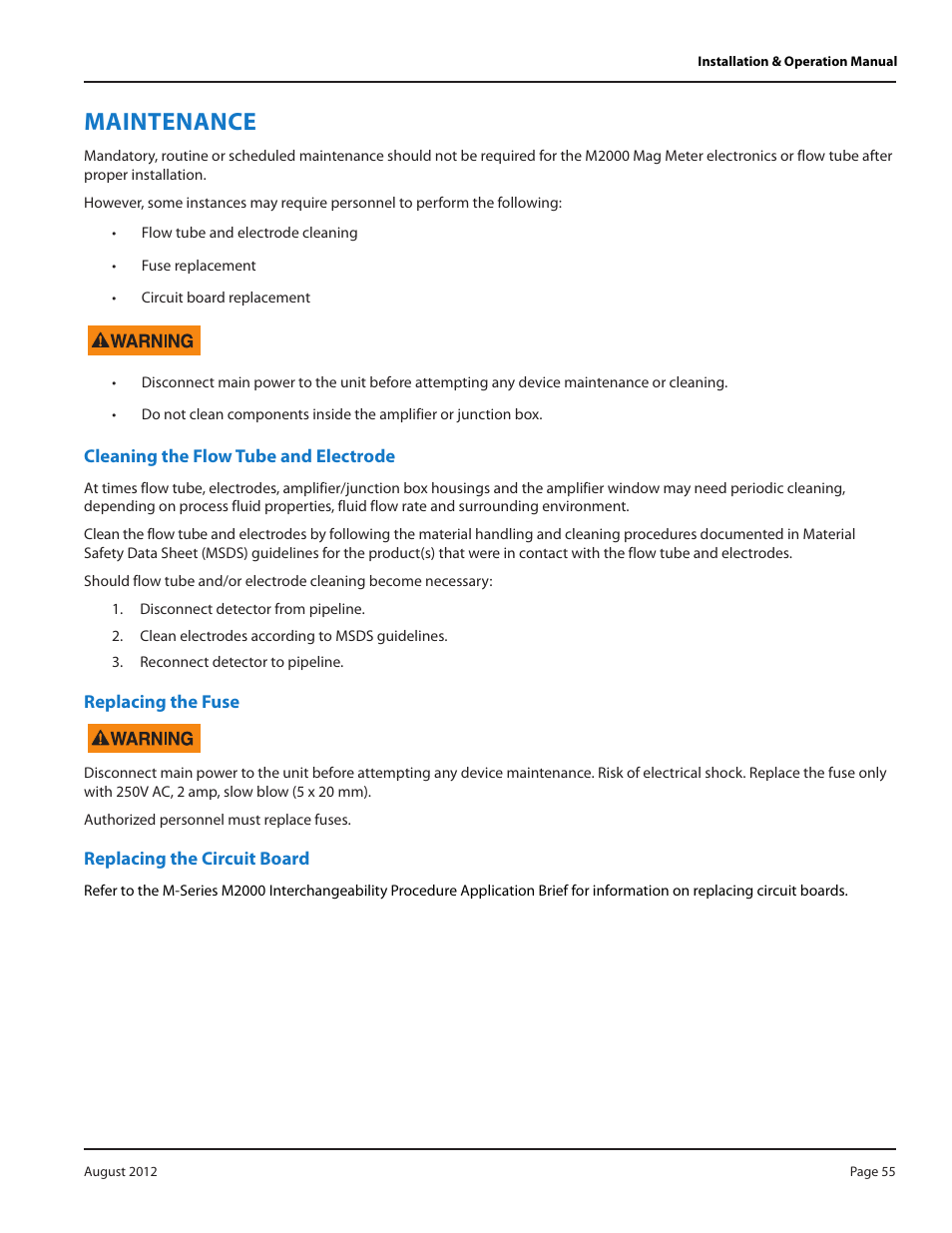 Maintenance, Cleaning the flow tube and electrode, Replacing the fuse | Replacing the circuit board | Badger Meter M-Series M2000 User Manual | Page 55 / 60