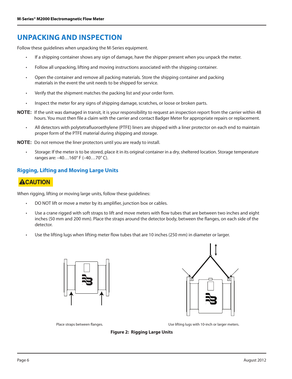 Unpacking and inspection, Rigging, lifting and moving large units | Badger Meter M-Series M2000 User Manual | Page 6 / 60